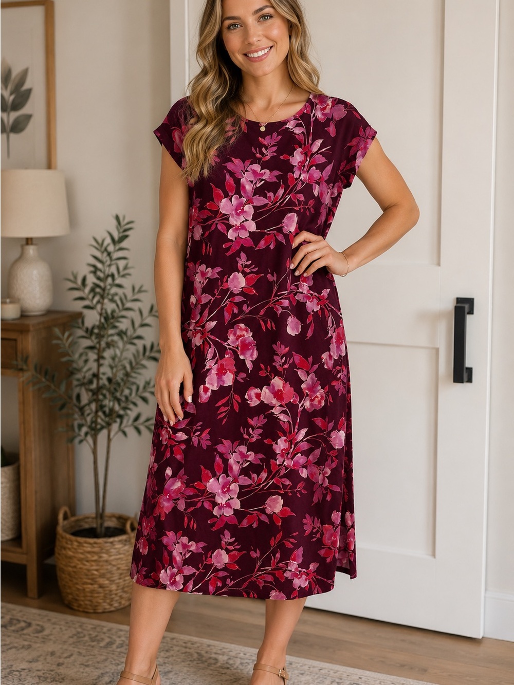 J. Jill Burgundy Floral Cap Sleeve Midi Dress